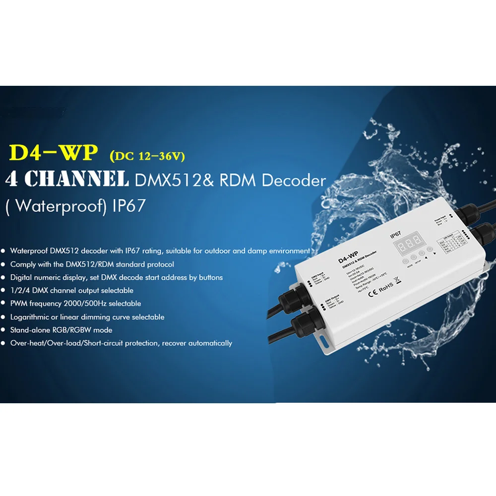 

4 Channel Constant Voltage Waterproof DMX512 & RDM Decoder D4-WP DC12V-36V IP67 for RGB/RGBW/dual color/single color LED lights