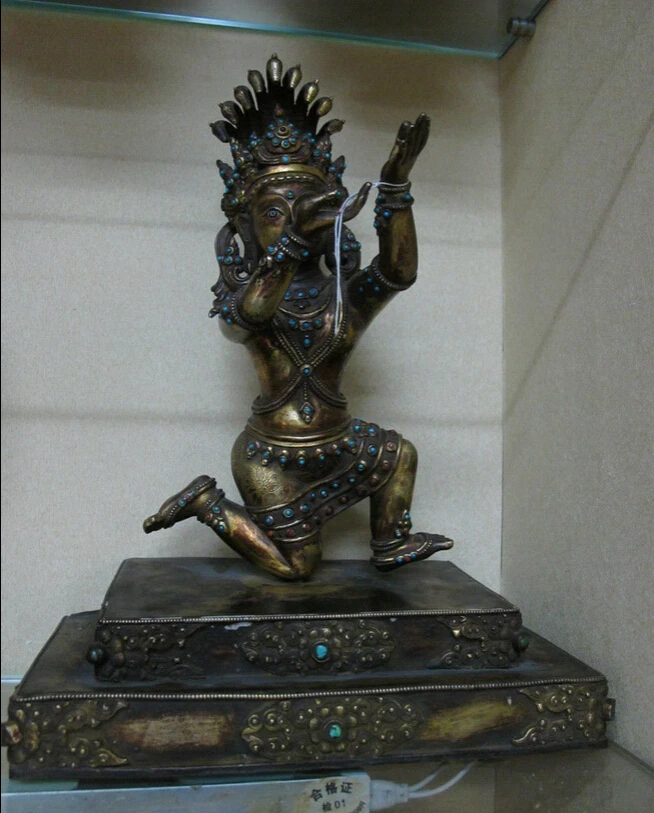 

008051 12"Tibet Bronze Gold Turquoise Five snake Nagarjuna Bodhisattva Buddha statue
