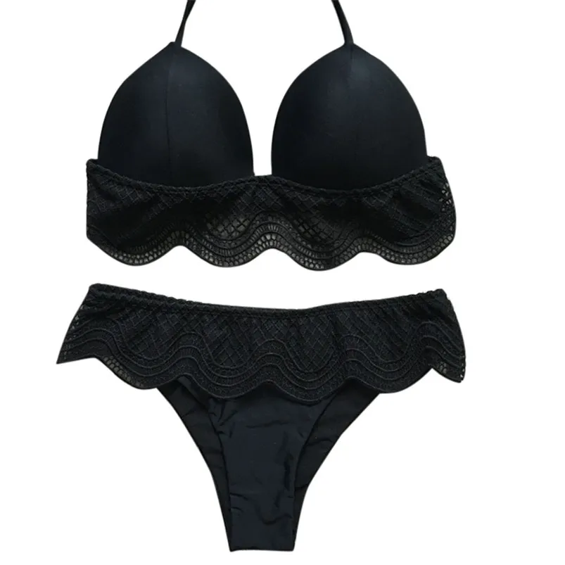 Sexy Low Waist Swimwear Women Lace solid Bandage Bikini Bra Set Push-up Padded bikini Swimsuit Bathing Beachwear Biquini R23 (5)
