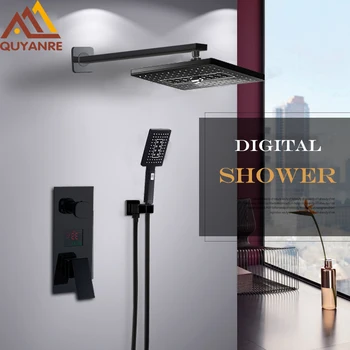 

Quyanre Black LED Bathroom Shower Faucets Rainfall Shower Head With 2-way Digital Temp Display Shower Mixer Concealed Shower