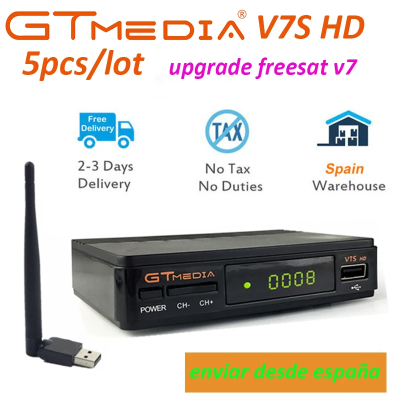 5 шт./лот GT Media V7S HD FTA 1080 P DVB-S2 спутниковый ресивер + USB WI-FI обновления Freesat V7 Испания