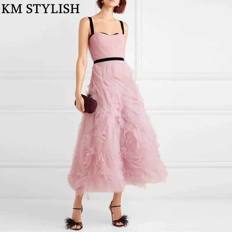 

2019 MarchesaNo*te Same Style Women New Pink Sleeveless Textured Tulle Midi Dress Three-dimensional Shape Mesh A-line Long Dress