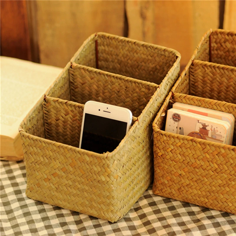 

Handmade Three-Grid Weave Wicker Basket Storage Picnic For Storing Toys Desk Neatening Sundries Organizer Panier Osier