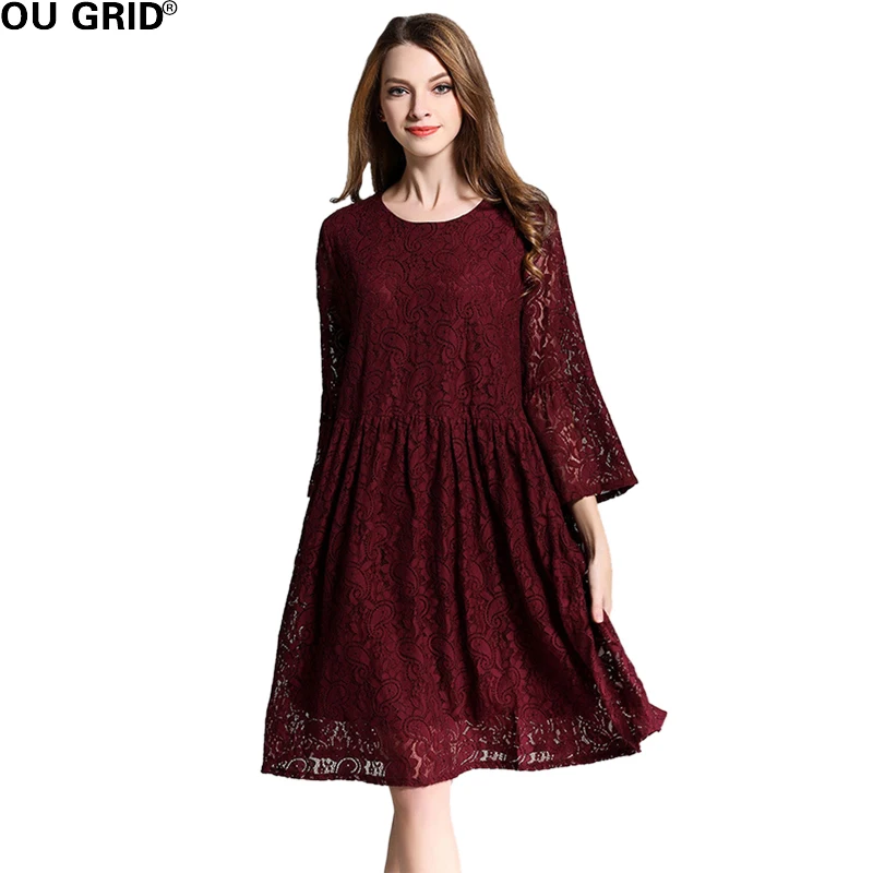

Floral Lace Dress Women New 2018 Solid Color Three Quarter Sleeve O-neck Spring Summer Dress Elegant Loose A-line Casual Dress