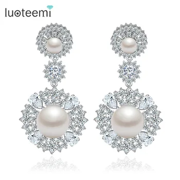 

LUOTEEMI Wholesale Fashion Elegant Clear Cubic Zirconia with Created Pearl Wedding Earrings for Women Luxury Accessories