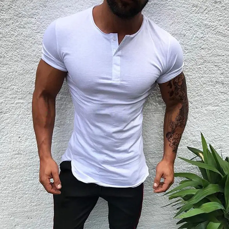 

Fashion Solid Men Top Tee Summer Short Sleeve Half Open O-Neck Buttoned Classic Men T-Shirt Four Color