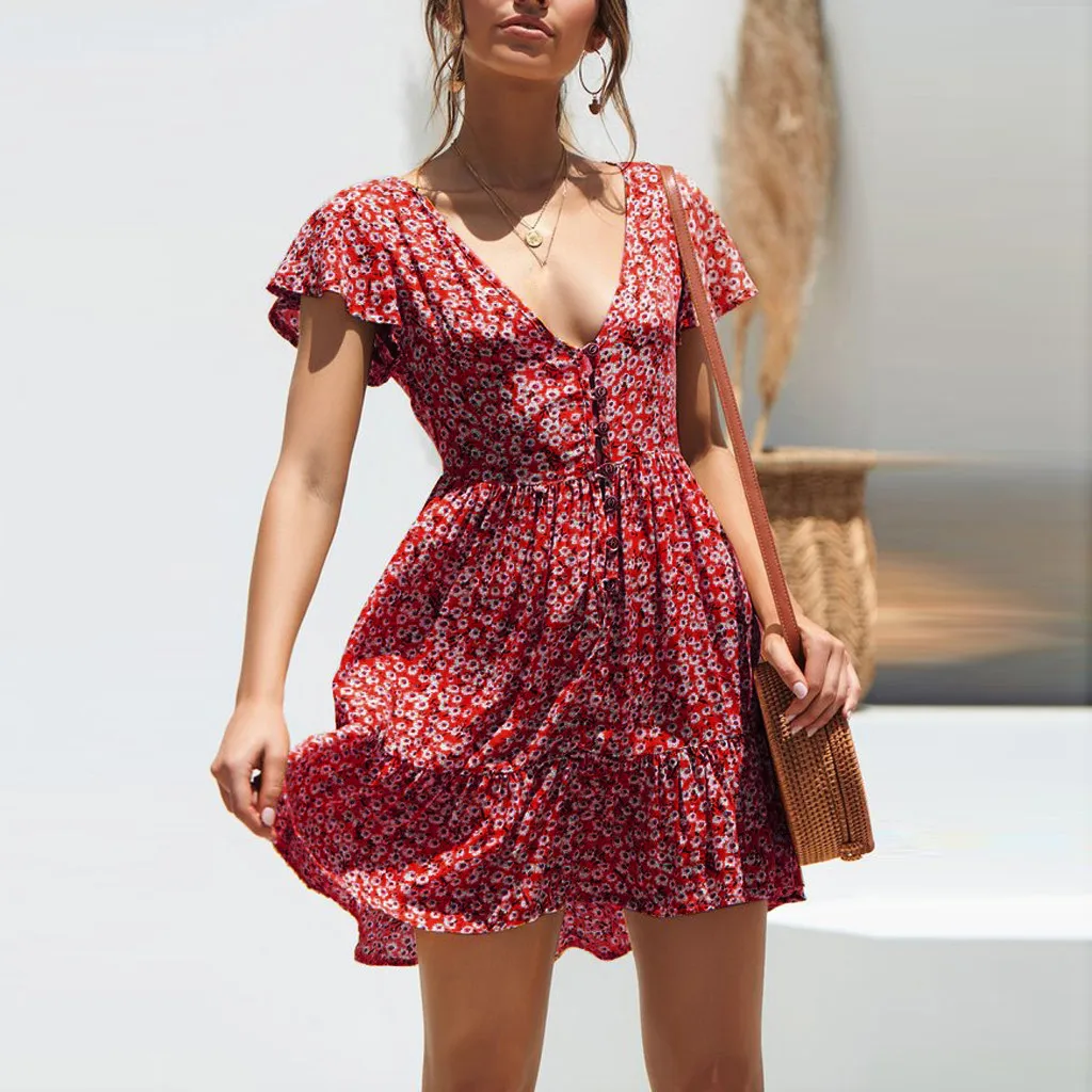 Dress 2019Top  Womens Boho Floral Summer Party Evening Beach Short Mini Dress Sundress