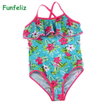 Funfeliz Girls Swimsuit Floral Print 2017 New Girl bathing suit Children swim wear one piece girl Swimwear swimming suit 3Y-14Y