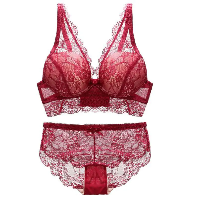 

Women Bra Sexy Lingerie Solid Color Lace Embroidery Push Up With Steel Ring Gathering 3/4 Cup Bra + Panties Set New