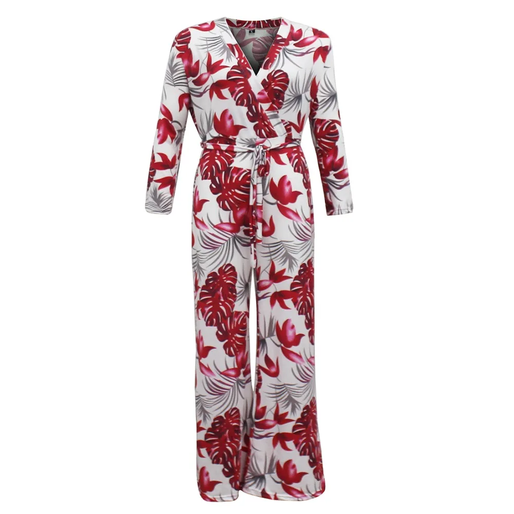 

2017 Womens Jumpsuit Summer Fashion Long Sleeve Maxi Overalls Deep V Neck Belted Wide Leg Jumpsuit Long Pant Elegant Jumpsuits