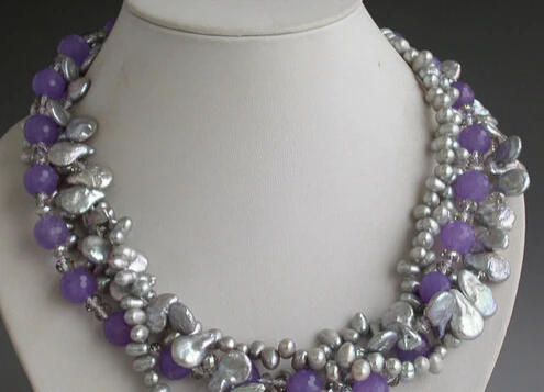 

Miss charm Jew1617 4row 18" gray rice coin pearl violet jade faceted crystal NECKLACE