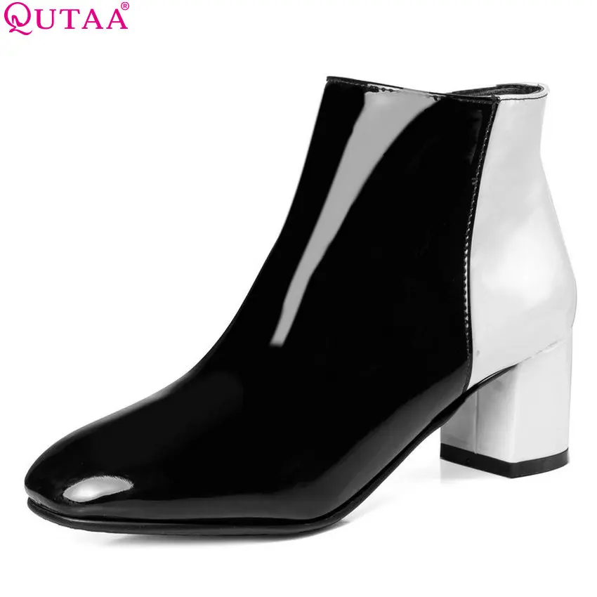 

QUTAA 2019 Women Ankle Boots Pu Leather Zipper Winter Boots All Match Square High Heel Square Toe Women Boots Size 34-43