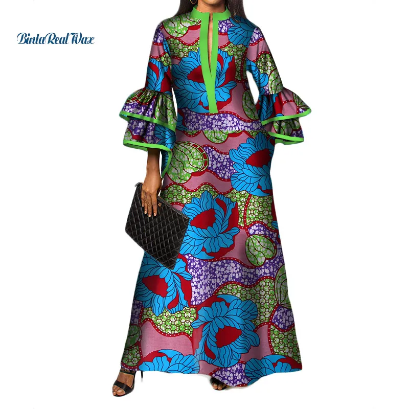 Новое длинное платье с принтом в африканском стиле для женщин Bazin Riche, хлопок, платья с оборками и рукавами, одежда в африканском стиле WY3472 - Цвет: 4
