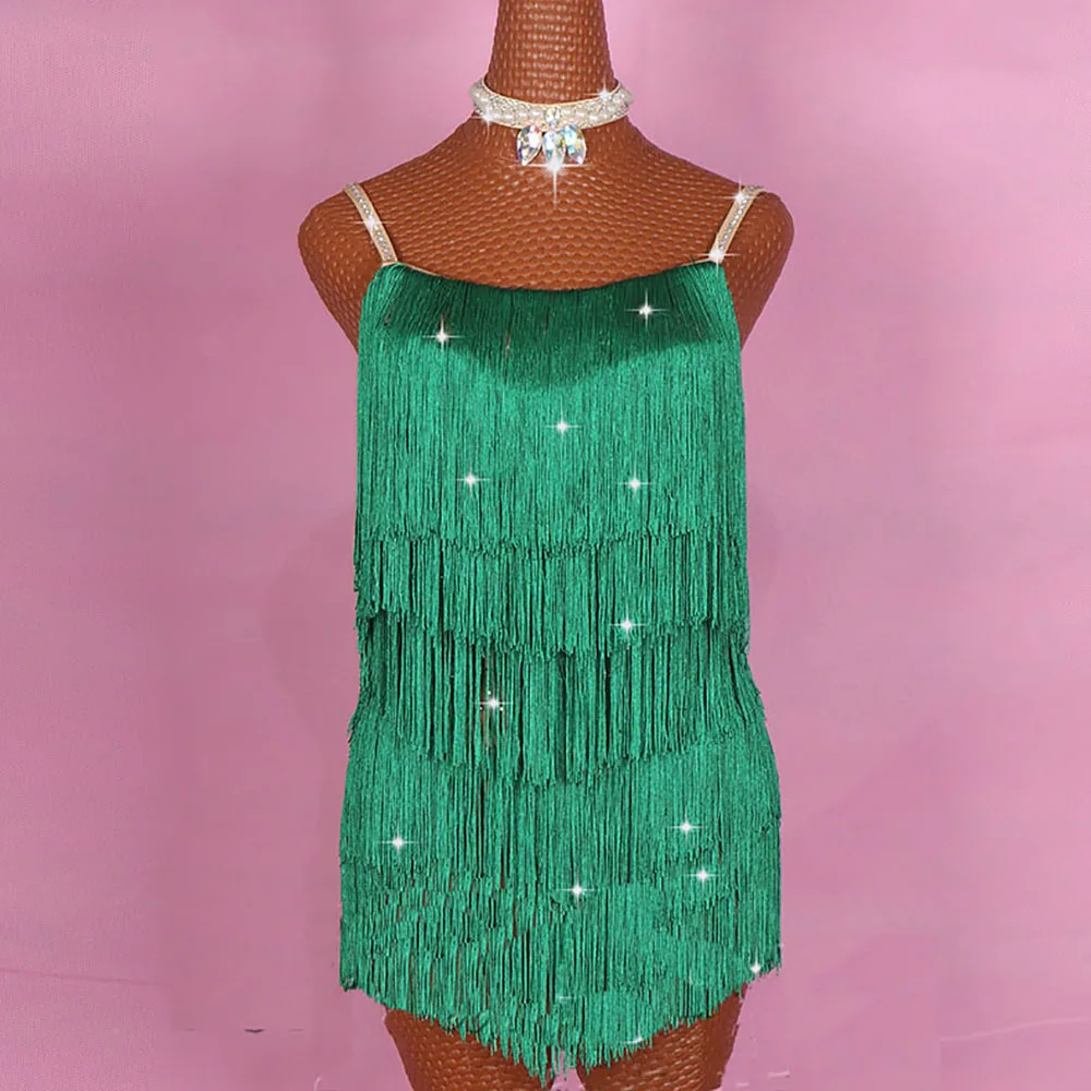 Горячая Распродажа, платья для латинских танцев для женщин, Зеленая эластичная юбка для сцены с открытой спиной, женская одежда для бальных танцев E005