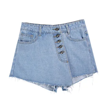 

Ladies Fashion Fake Two Slim Denim Shorts Ladies Irregular Single-Breasted Tassel Skirts Women Pocket Buttons Shorts AA51284