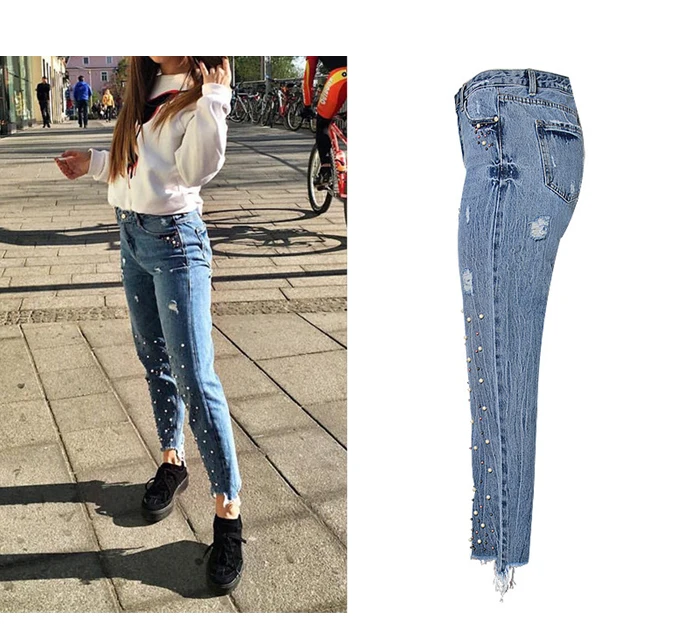 2017 fashion European and American women's high waist Slim straight pearl 3-color studs irregular feet tassel washed cowboy trousers (2)