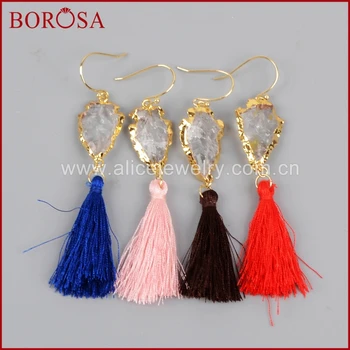 

BOROSA Gold Color Natural Quartz Arrowhead Rainbow Tassel Earrings, Druzy Quartz Drop Earrings Dangle Earrings for Women G1236