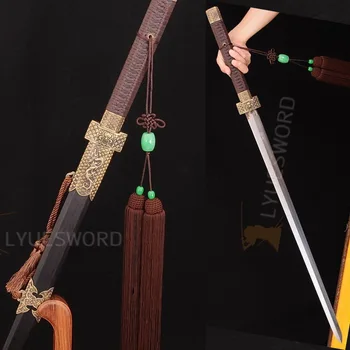 

LYUESWORD HIGH QUALITY FOLDED STEEL TRADITIONAL CHINESE SWORD JIAN COPPER FITTING RAZOR SHARP DAMASCUS BLADE EBONY SAYA