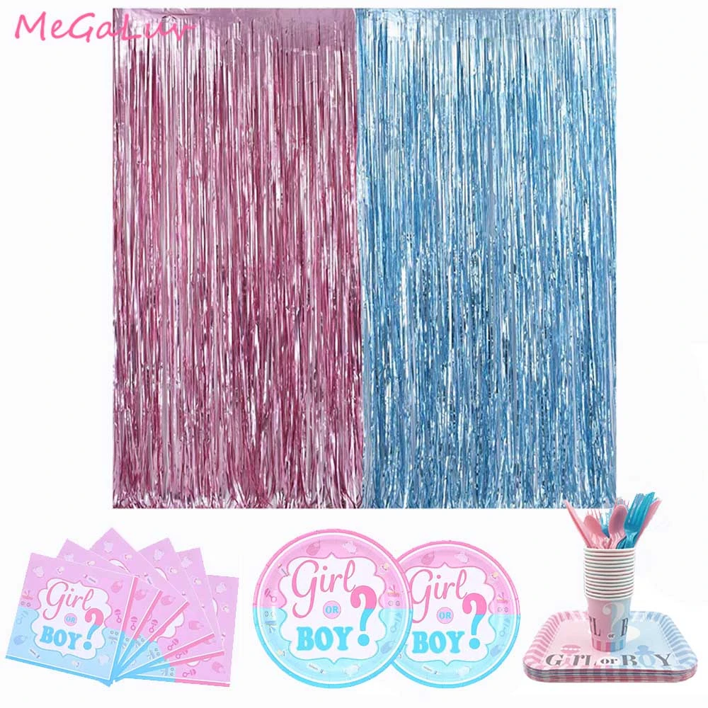 Fete De Douche De Bebe Metallique Tinsel Frange Rideaux Garcon Ou Fille Vaisselle Jetable Plaque Tasses Serviettes Sexe Reveler Fournitures Aliexpress
