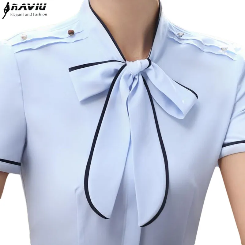 

New summer professional bow shirt women OL elegant formal Patchwork short sleeve slim chiffon blouse office ladies plus size top
