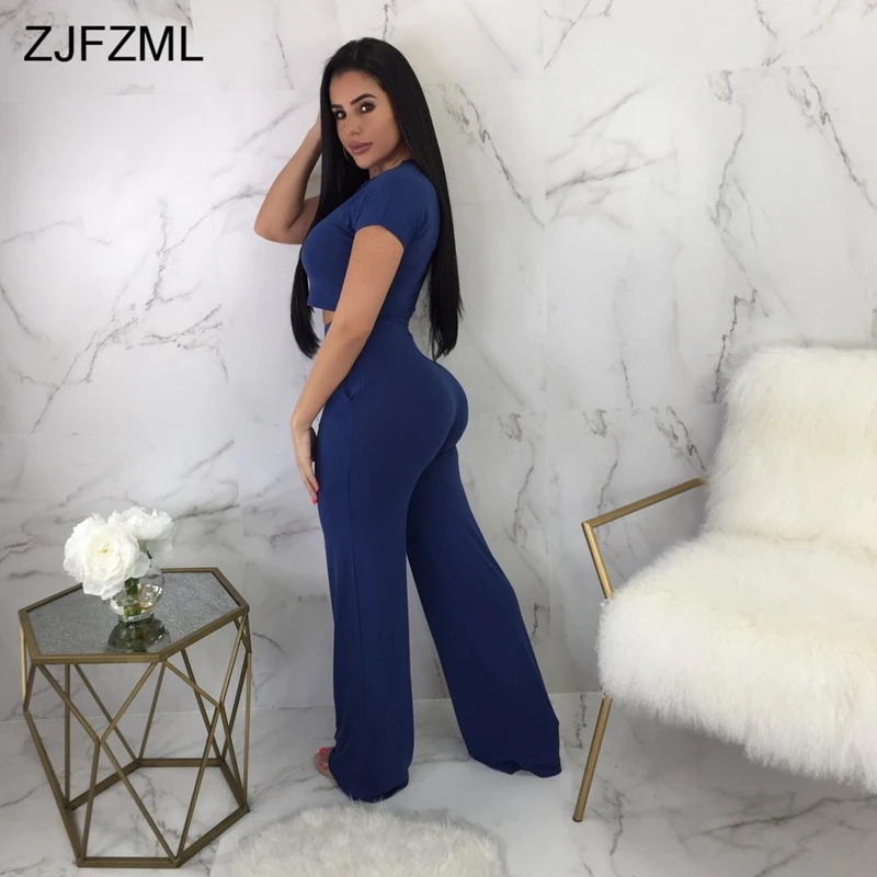 ZJFZML Лето 2 шт. соответствующие наборы Для женщин с круглым вырезом короткий рукав укороченный топ + полной длины широкие штанины