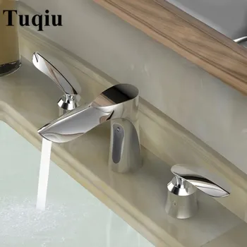 

Basin Faucets Polished chrome leaf design Bathroom Sink Faucet widespread 3 Hole Bathroom basin Mixer