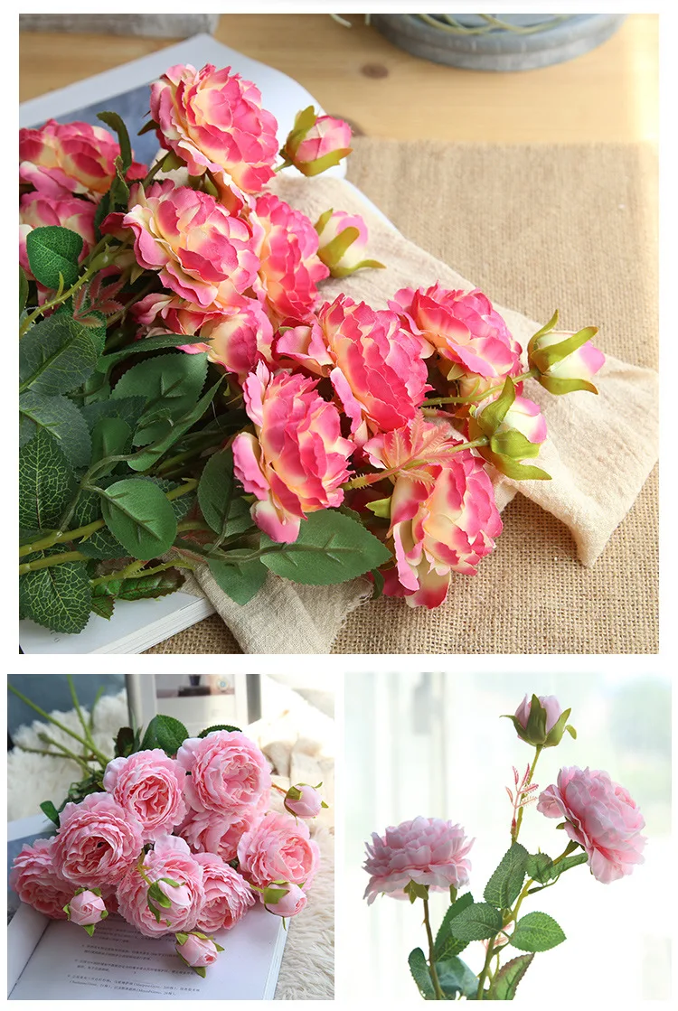 JAROWN European Rose 3 Head Peony Simulation Silk Flower Wedding DIY Accessories Home Decoration Flowers (15)