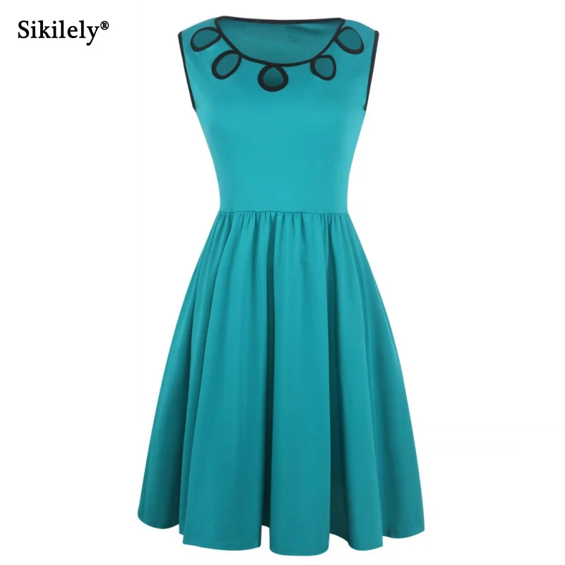 

New Design Woman Casual Dress Hollow Out Neck Sleeveless Turquoise Holiday Dresses A Line 2019 Cocktail Party Dress Beach