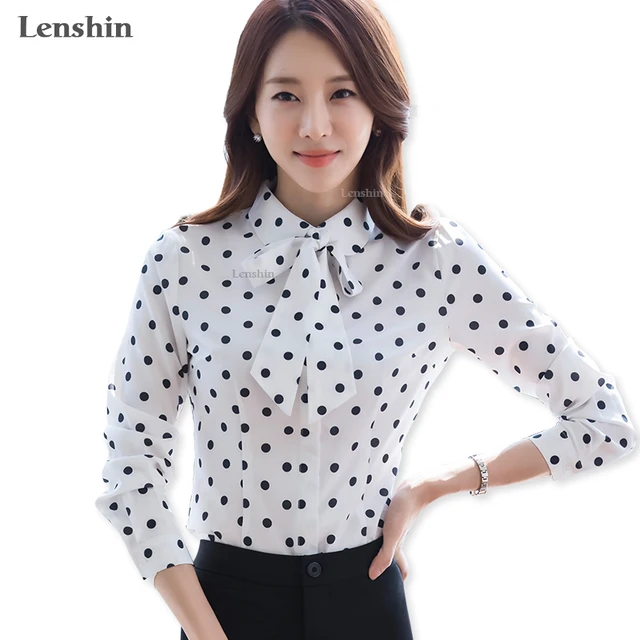 Lenshin Polka Dot Shirt Women White Tie Blouses Office Lady Business ...