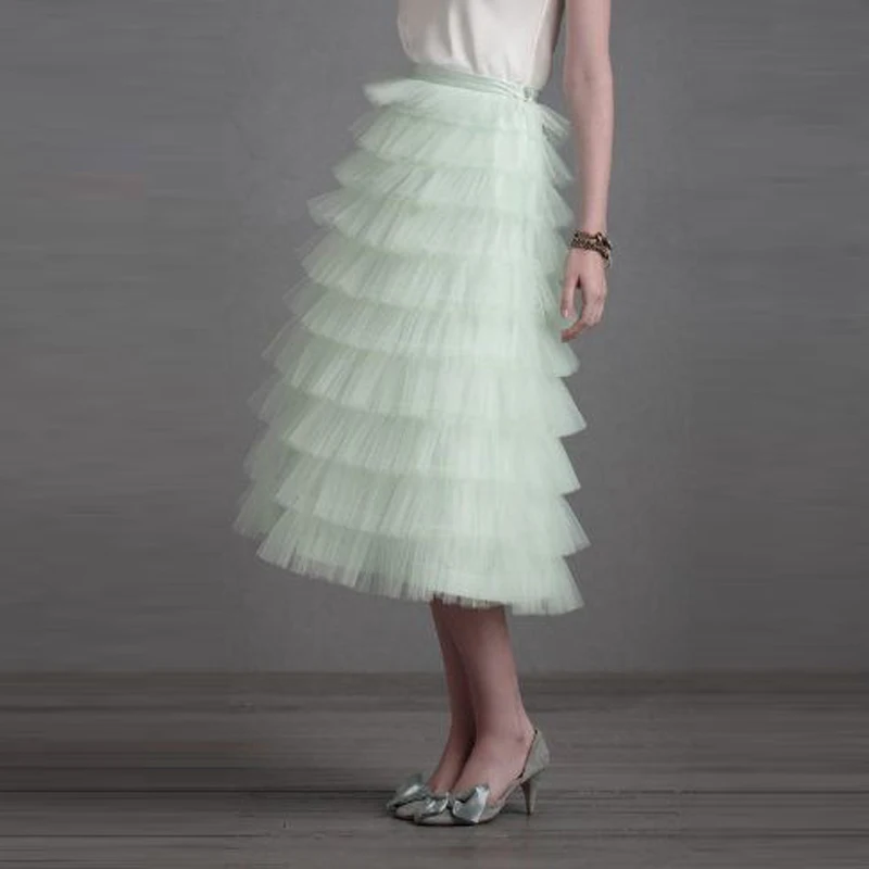 Mint Green Tiered Ruffles Tulle Skirts Women Vintage Custom Made Tea Length Zipper Female Adult