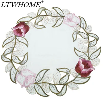 

LTWHOME 11.5" Round Doily or Placemat Embroidered with Red Roses