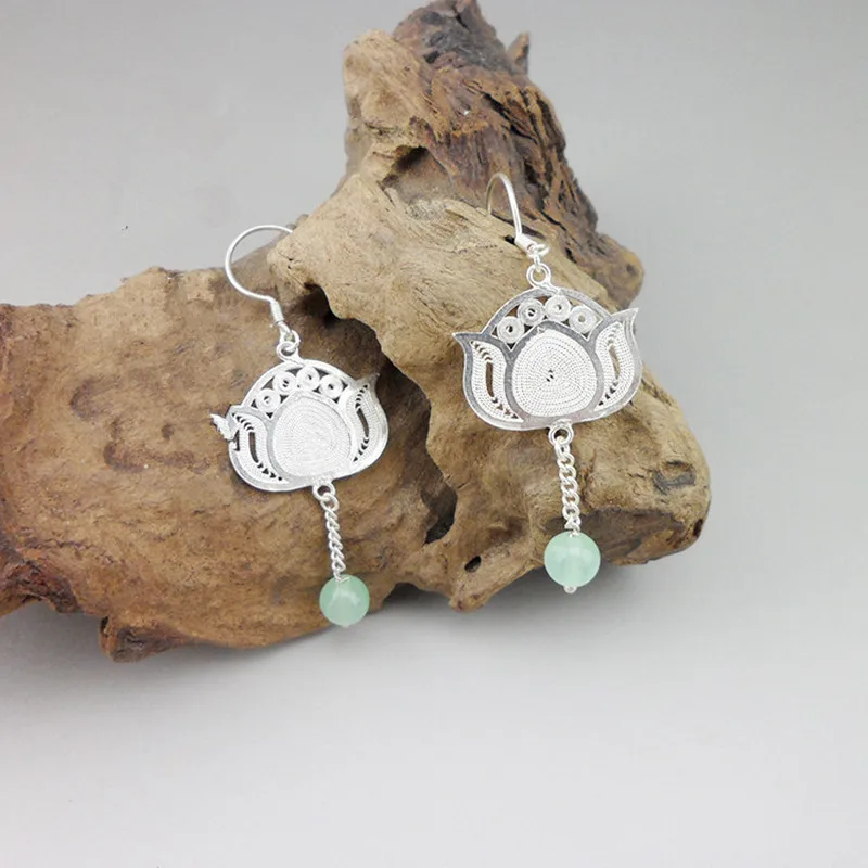 

Women'Earings Handmade Ethnic Boho Jewelry Earing Green Beads 999 Sterling Silver Drop Earrings For Women Desert Rose New Year