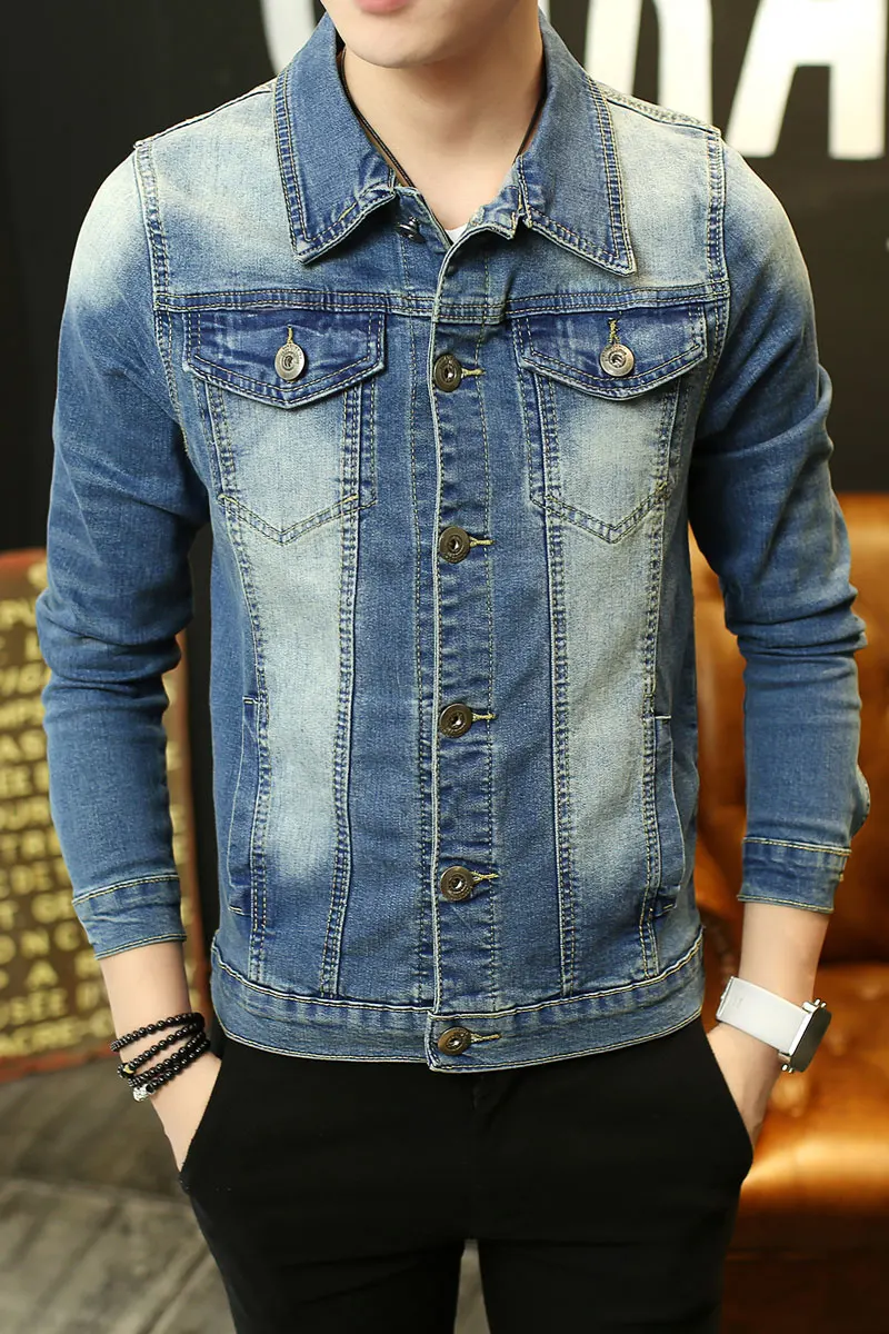 TK Denim Jacket Men Ripped Elastic Slim Fit Vintage Mens Jacket Coats