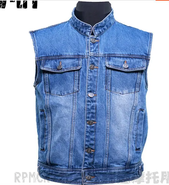 blue denim motorcycle vest