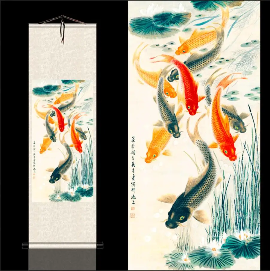 

S00YU#Nine Fish Drawings, Water Grass and Carp Drawings, Fengshui Point Decoration and Hanging Paintings, Classical Fresco Scrol