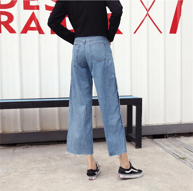 Высокая Талия Джинсы женские 2019 Весенняя Корейская Винтаж рваные кнопки сбоку Разделение широкие синие джинсовые штаны джинсы модные B231