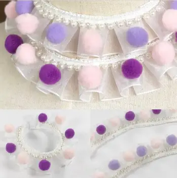 

3Yard Pleated Pompom Ball Lace Trim Doll Bubble Skirt Organza Ruffle Lace Ribbon Wedding Decortion Pearl Beaded Lace Accessories