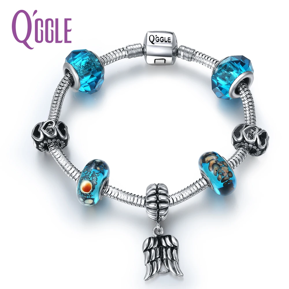 

QGGLE New Stainless Steel Girl Charm Bangle & Bracelet For Women With Blue Glass Love ball & Wings Pendant