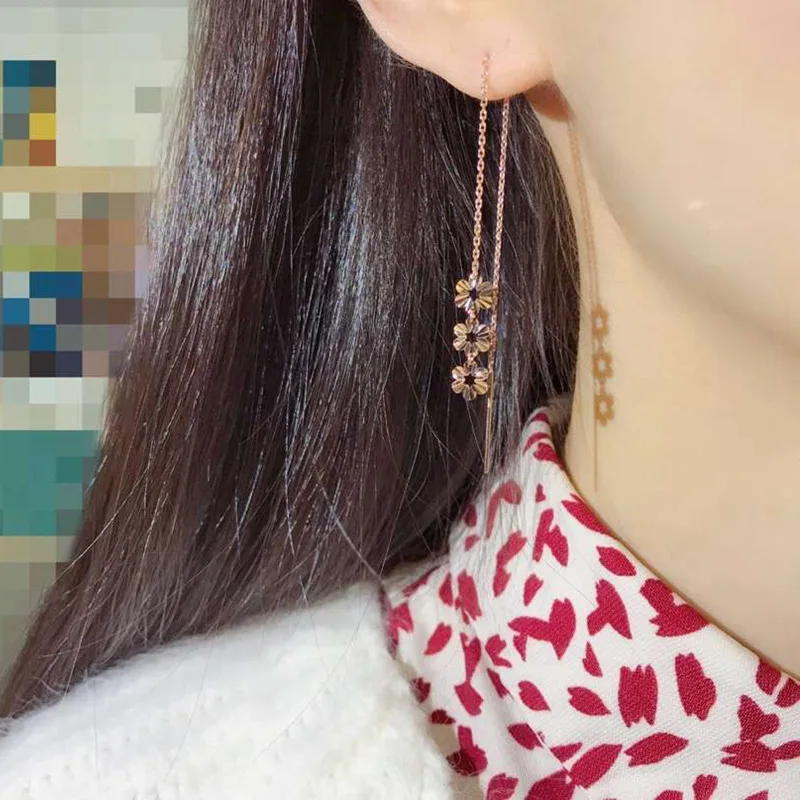 New Fine Real 18K Rose Gold Earrings Woman Lucky O Chain Link Star Flower 105mmL