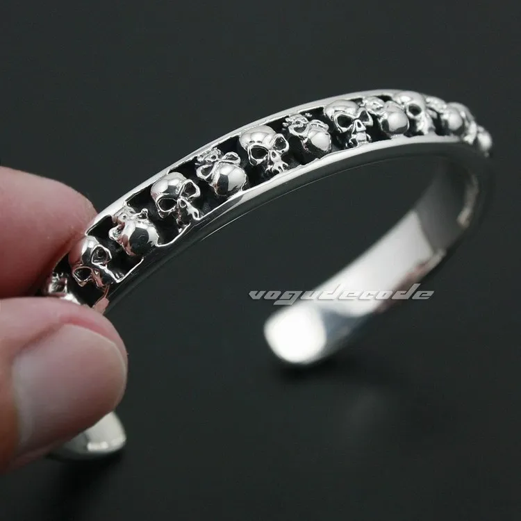  Solid 925 Sterling Silver Skulls Mens Biker Rokcer Bracelet Bangle 9A010 