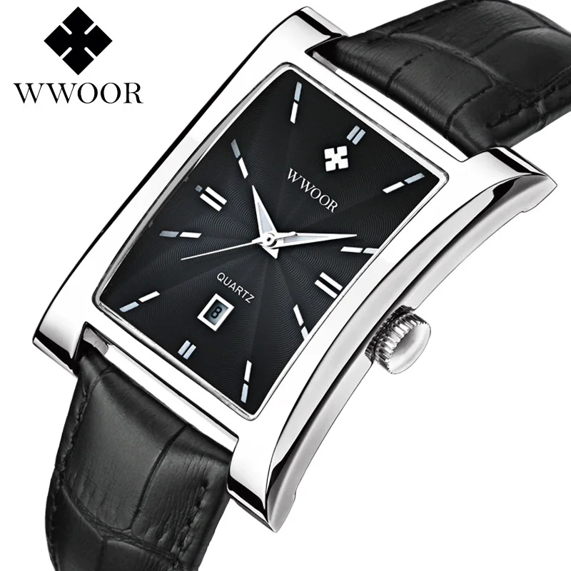 WWOOR Top Brand Luxury Men's Square Quartz Watch Men Waterproof Genuine Leather Casual Sports Business Wrist Watch Date Clock