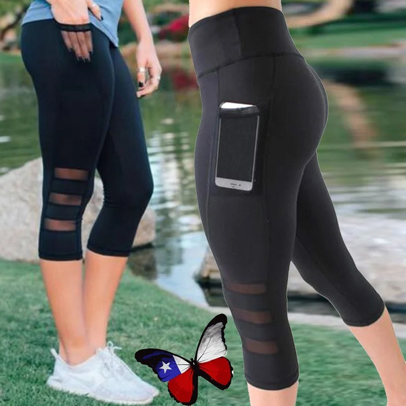 Gymshark Women Legging Ptachwork Mesh Black Capri Leggings Plus Size Sexy Fitness Sporting Pants with Pocket Mid-Calf Trousers