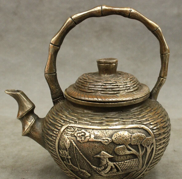 

bi002842 6 Chinese Bronze Immortal Fishing Man Statue Bamboo Knit Wine Pot Teapot Flagon