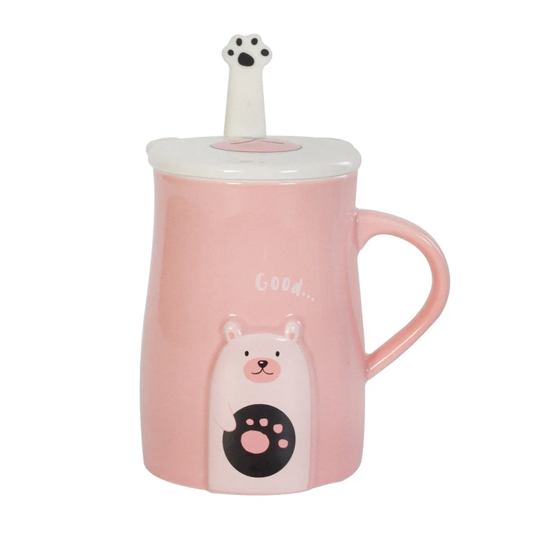 1.1Cute cartoon bear mug embossed ceramic mug with lid and spoon creative office water animal cup couple mug milk coffee cup gift