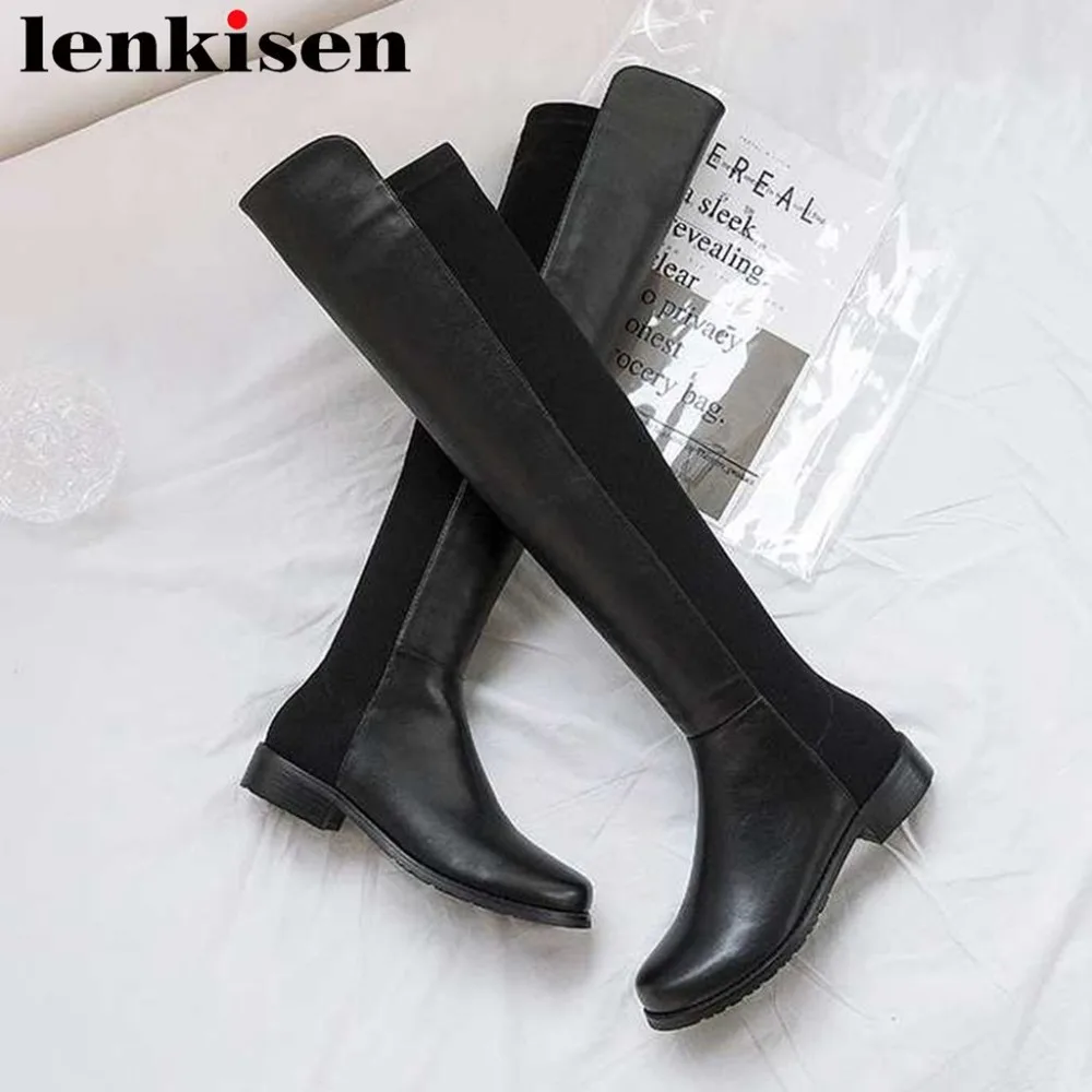 

Lenkisen 2018 superstars high fashion thigh high boots low heels round toe slip on winter warmful natural leather runway L10