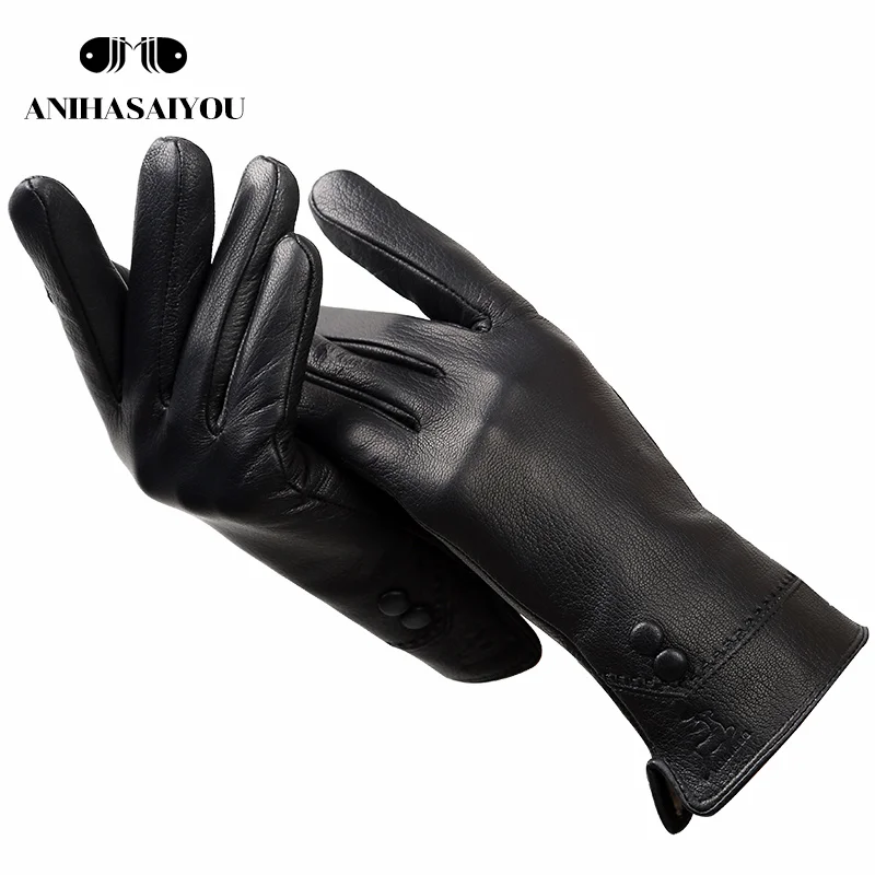Модные черные женские кожаные перчатки Buckskin высококачественные зимние кожаные перчатки с двойной пряжкой женские-2296
