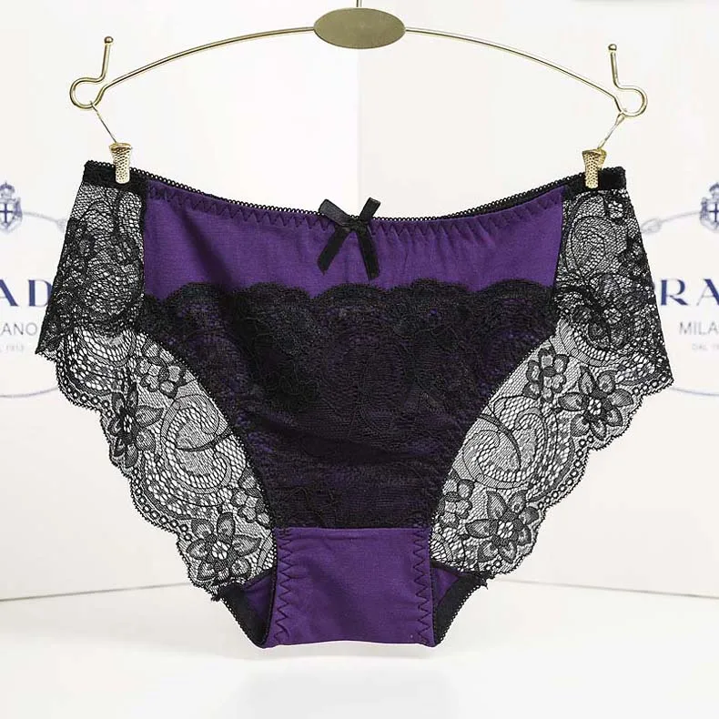 Womens Sexy Patchwork Lace Seamless Panties Femme Comfortable Cotton Crotch Modal  Briefs Underwear Pants Knickers Tangas Lingeries (28)