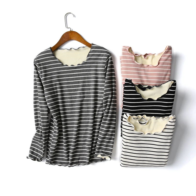 

New Women Striped T Shirt Autumn Winter Warm Thick Velvet T-Shirts Tees Female Long Sleeve Bottoming Shirt Tops Underwear S1156