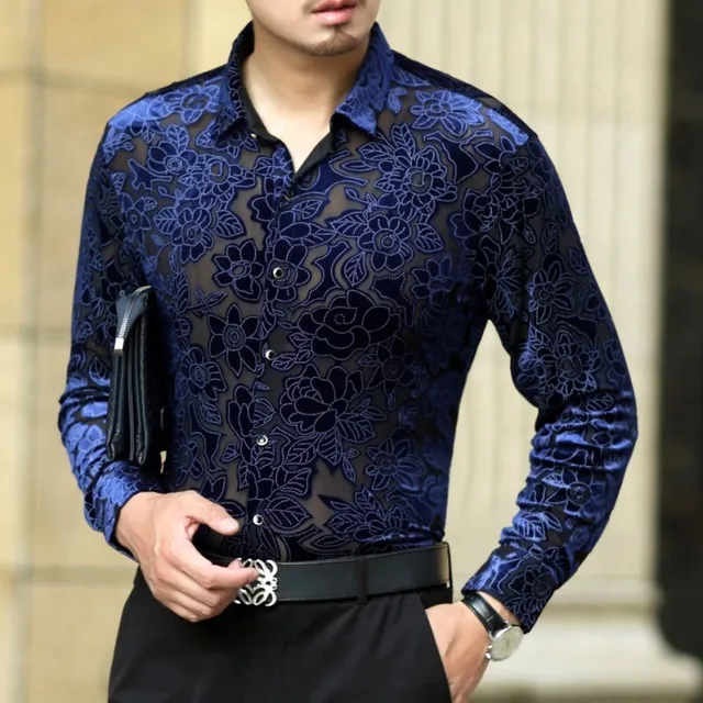 2018 New Sexy Lace Shirt For Male Floral Print Shirt Men Transparent