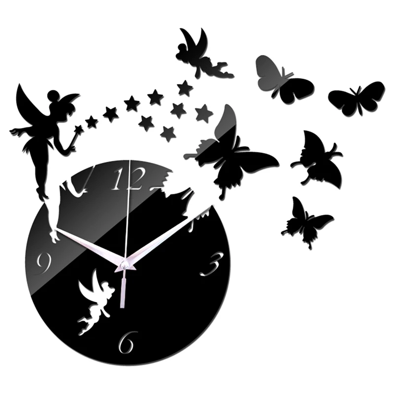 

New Fairy Clock Wall Stickers Home Decor Poster DIY Europe Acrylic Large 3D Sticker Still Life Wall Clock Horse Butterfly